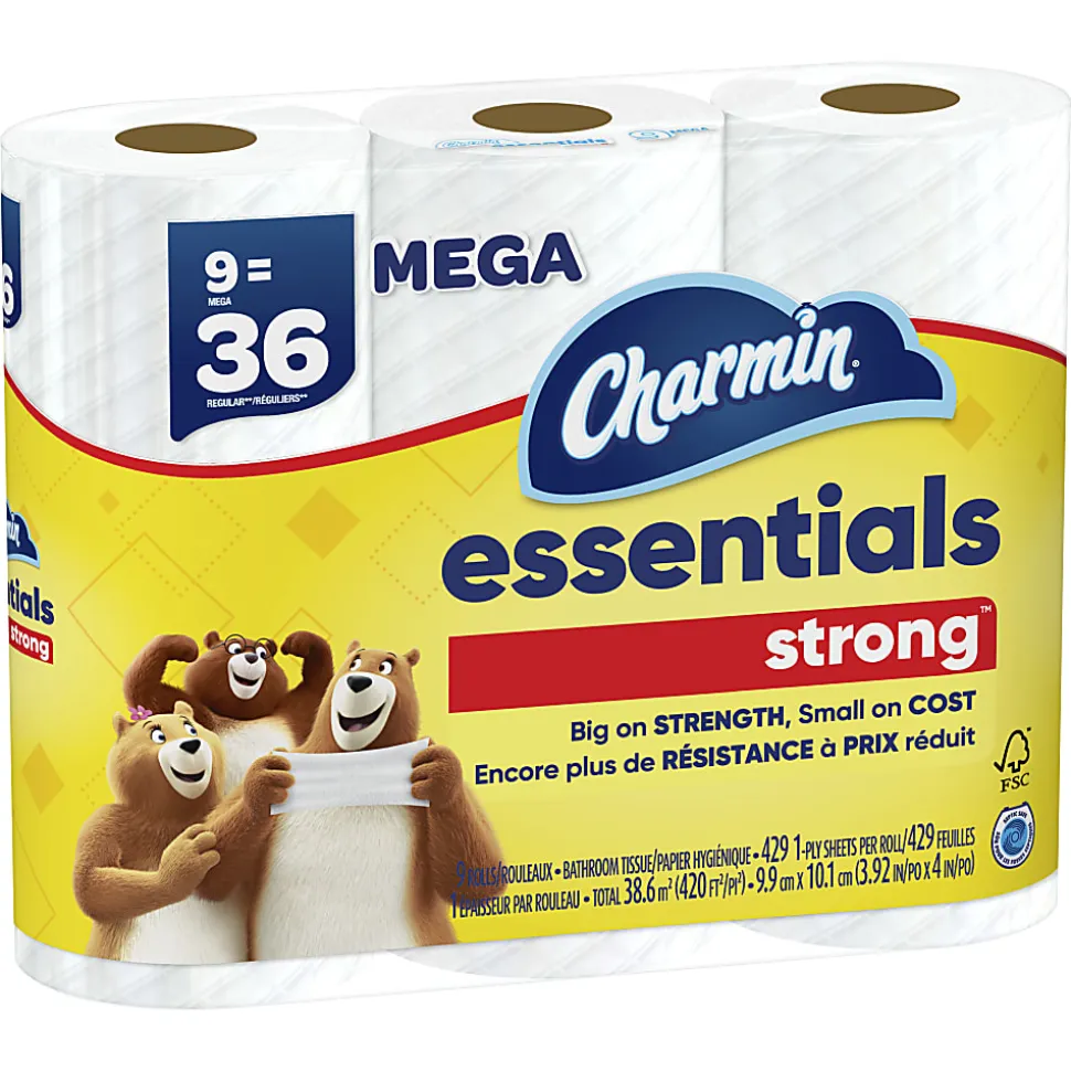 Charmin Essentials Strong Mega 2-Ply Toilet Paper Rolls, 4" x 4-1/2", White, 429 Sheets Per Roll, Pack Of 9 Rolls