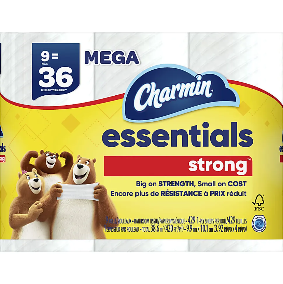 Charmin Essentials Strong Mega 2-Ply Toilet Paper Rolls, 4" x 4-1/2", White, 429 Sheets Per Roll, Pack Of 9 Rolls