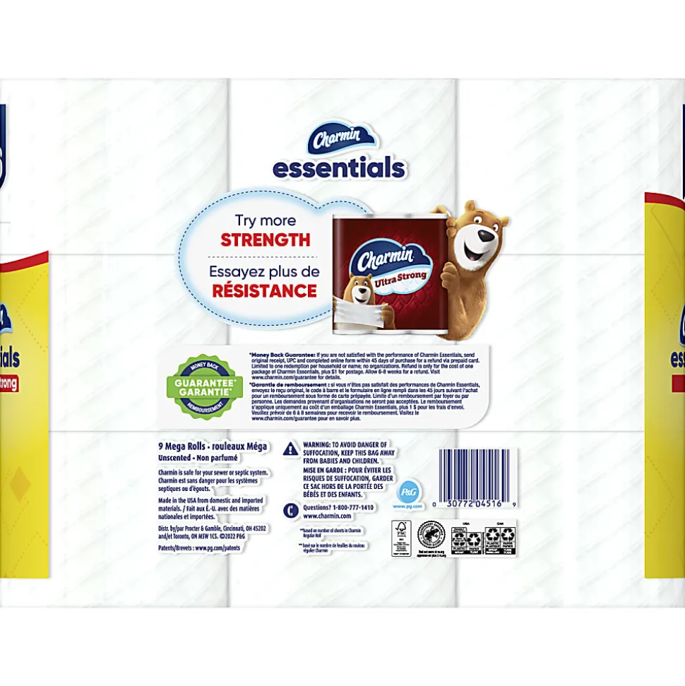 Charmin Essentials Strong Mega 2-Ply Toilet Paper Rolls, 4" x 4-1/2", White, 429 Sheets Per Roll, Pack Of 9 Rolls
