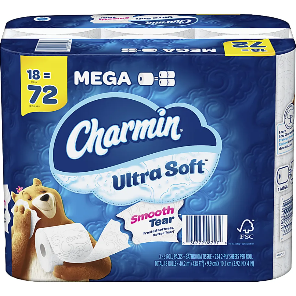 Charmin Ultra Soft 2-Ply Mega Roll Toilet Paper, 4" x 4", White, 224 Sheets Per Roll, Pack Of 18 Rolls