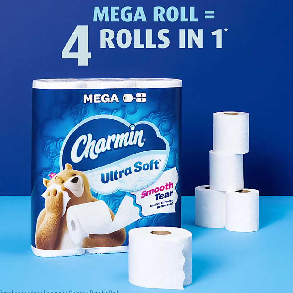 Charmin Ultra Soft 2-Ply Mega Roll Toilet Paper, 4" x 4", White, 224 Sheets Per Roll, Pack Of 18 Rolls