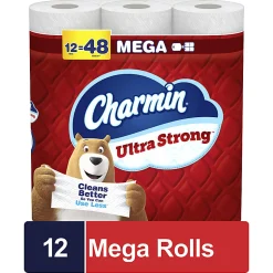 Charmin Ultra Strong Toilet Paper Mega Rolls, 4” x 3-15/16”, White, 220 Sheets Per Roll, Pack Of 12 Mega Rolls