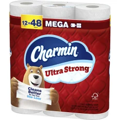 Charmin Ultra Strong Toilet Paper Mega Rolls, 4” x 3-15/16”, White, 220 Sheets Per Roll, Pack Of 12 Mega Rolls