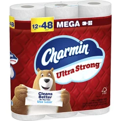Charmin Ultra Strong Toilet Paper Mega Rolls, 4” x 3-15/16”, White, 220 Sheets Per Roll, Pack Of 12 Mega Rolls
