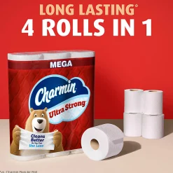 Charmin Ultra Strong Toilet Paper Mega Rolls, 4” x 3-15/16”, White, 220 Sheets Per Roll, Pack Of 12 Mega Rolls