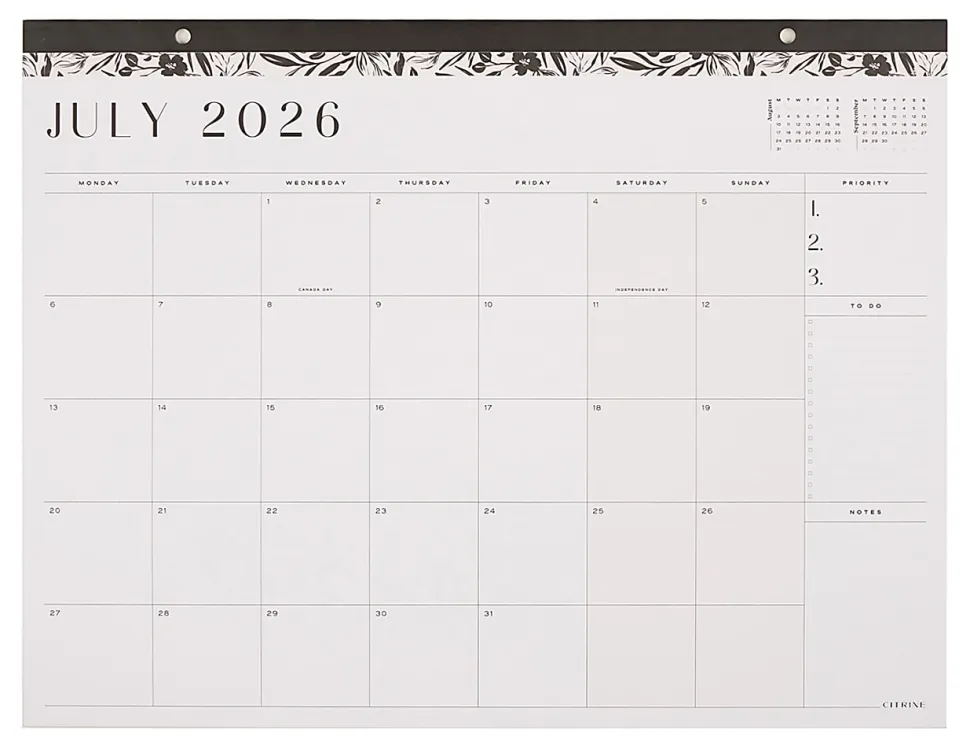 Citrine 12-Month Desk Calendar, 22” x 17”, Midnight Floral, July 2026 - June 2027, Total Qty 1