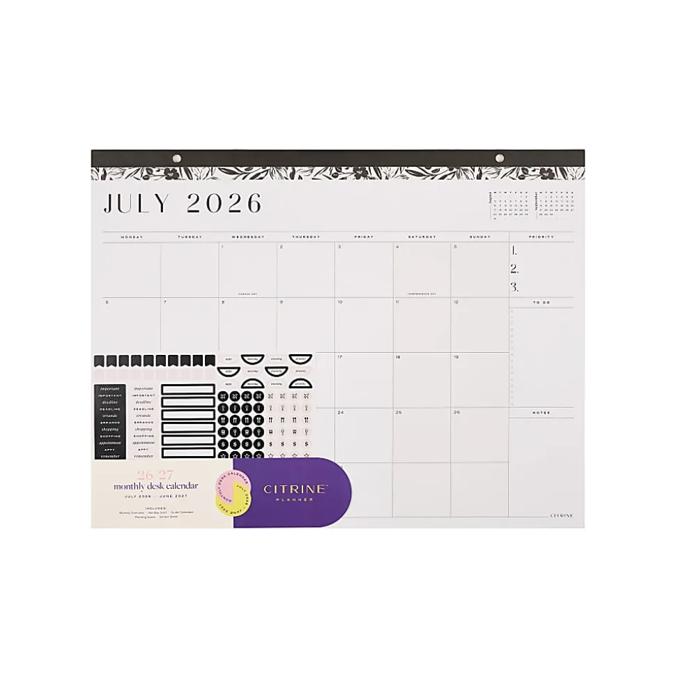 Citrine 12-Month Desk Calendar, 22” x 17”, Midnight Floral, July 2026 - June 2027, Total Qty 1