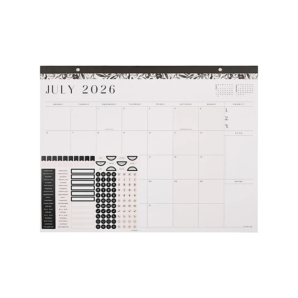 Citrine 12-Month Desk Calendar, 22” x 17”, Midnight Floral, July 2026 - June 2027, Total Qty 1