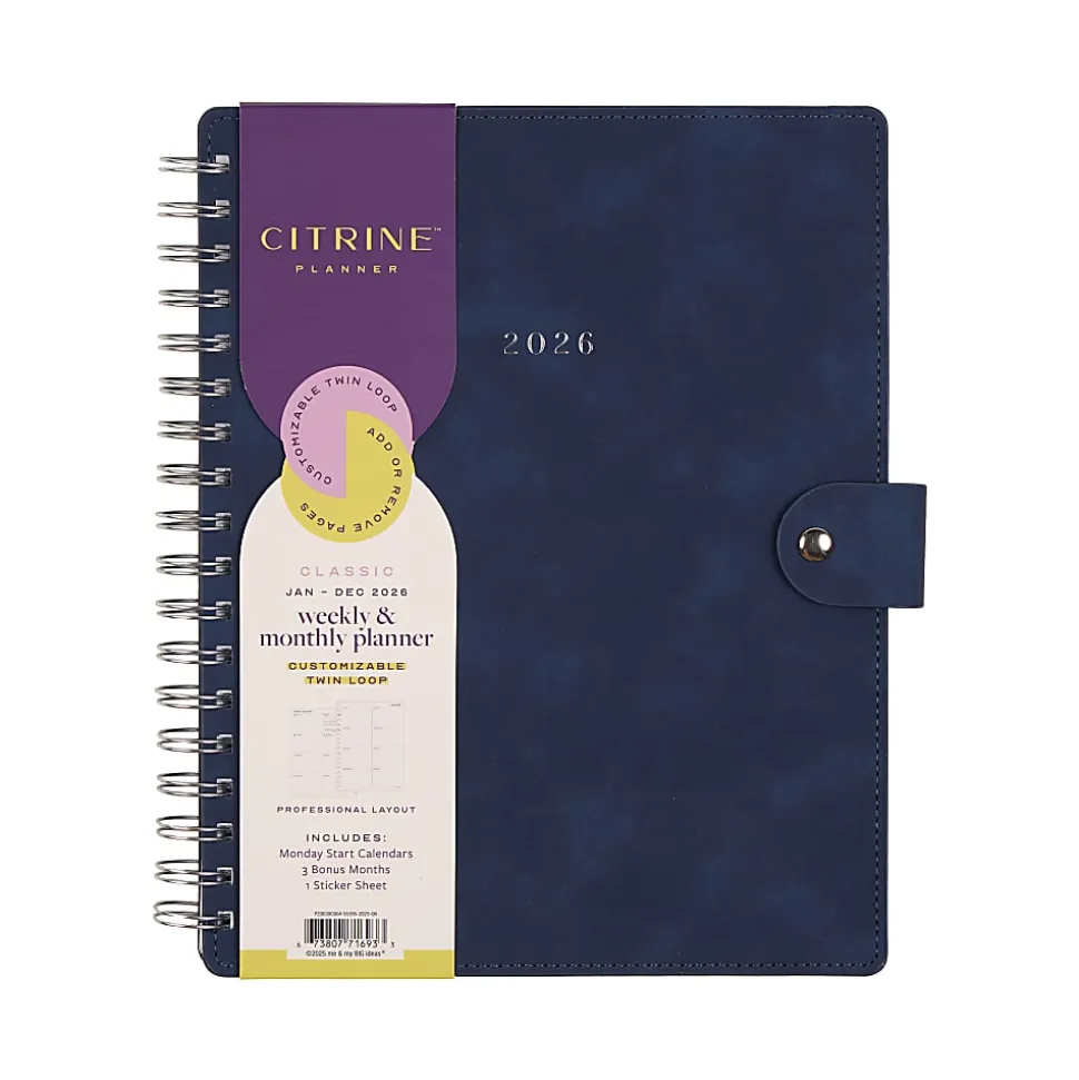 2026 Citrine Monthly/Weekly Classic Customizable Twin Loop Planner, 7" x 9-1/4", Navy Blue, January To December, PZ0030C004