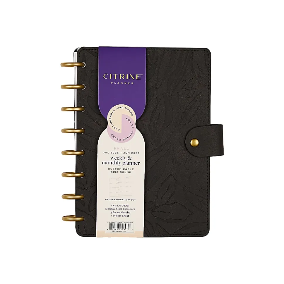 Citrine 12-Month Monthly/Weekly Discbound Planner, 5-13/16" x 8", Midnight Floral, July 2026-June 2027, Total Qty 1