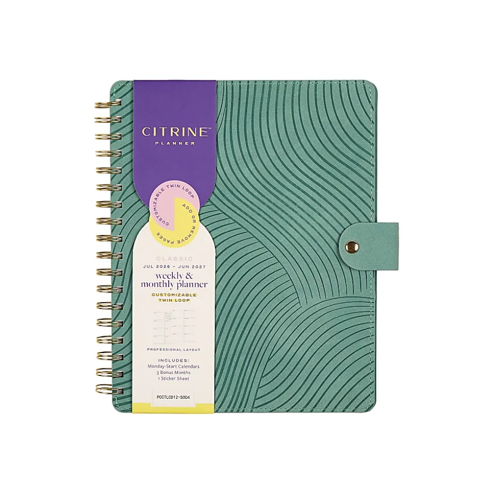 Citrine 12-Month Monthly/Weekly Classic Customizable Twin Loop Planner, 7" x 9-1/4", Sage Waves, July 2026-June 2027, Total Qty 1