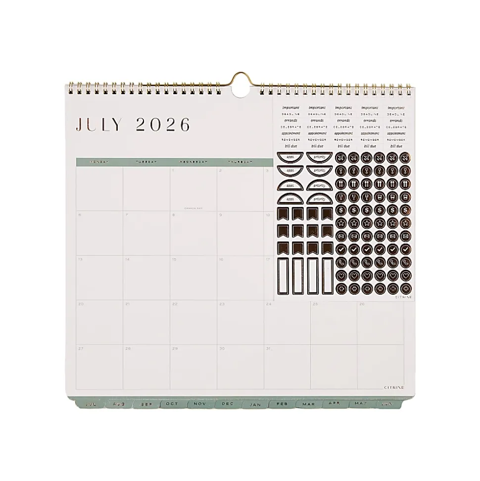 Citrine 12-Month Wall Calendar, 12-1/2” x 13-1/2”, Ivory & Sage, July 2026 - June 2027, Total Qty 1
