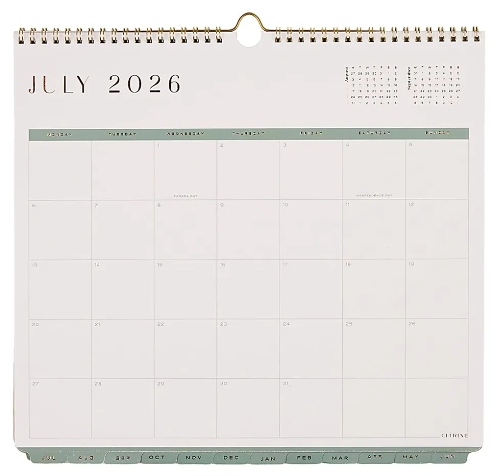 Citrine 12-Month Wall Calendar, 12-1/2” x 13-1/2”, Ivory & Sage, July 2026 - June 2027, Total Qty 1
