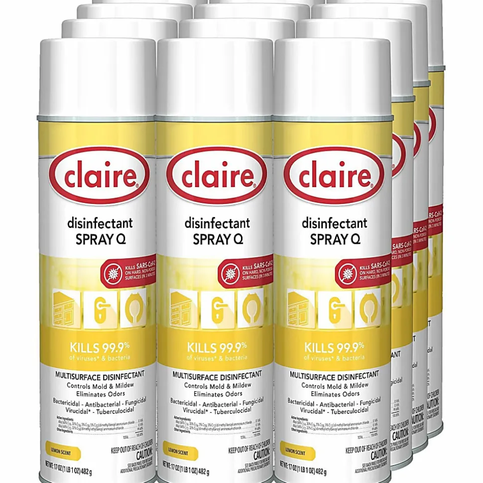 Claire Multipurpose Disinfectant Spray - Ready-To-Use - 17 fl oz (0.5 quart) - Lemon Scent - Antibacterial - Yellow - 12 / Carton