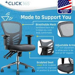 Click365 Flow Ergonomic Mesh Mid-Back Office Task Chair, Gray