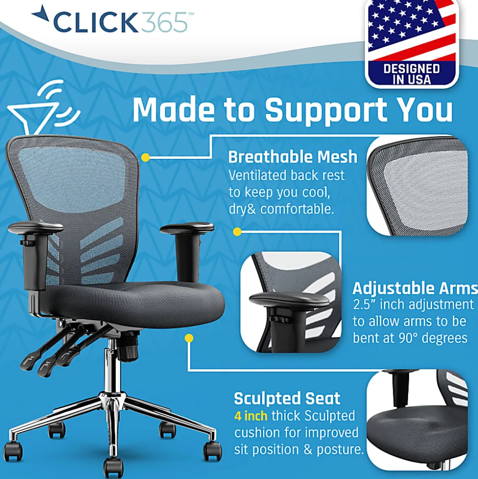 Click365 Flow Ergonomic Mesh Mid-Back Office Task Chair, Gray