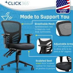 Click365 Flow Ergonomic Mesh Mid-Back Office Task Chair, Black