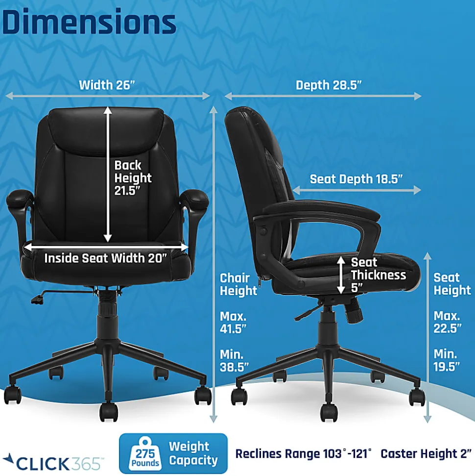 Click365 Transform 1.0 Ergonomic Bonded Leather Mid-Back Manager Office Chair, Black