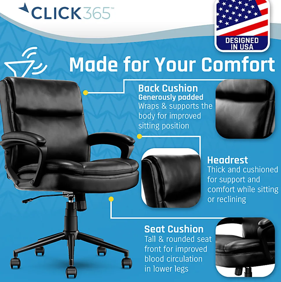 Click365 Transform 2.0 Ergonomic Bonded Leather Mid-Back Office Chair, Black