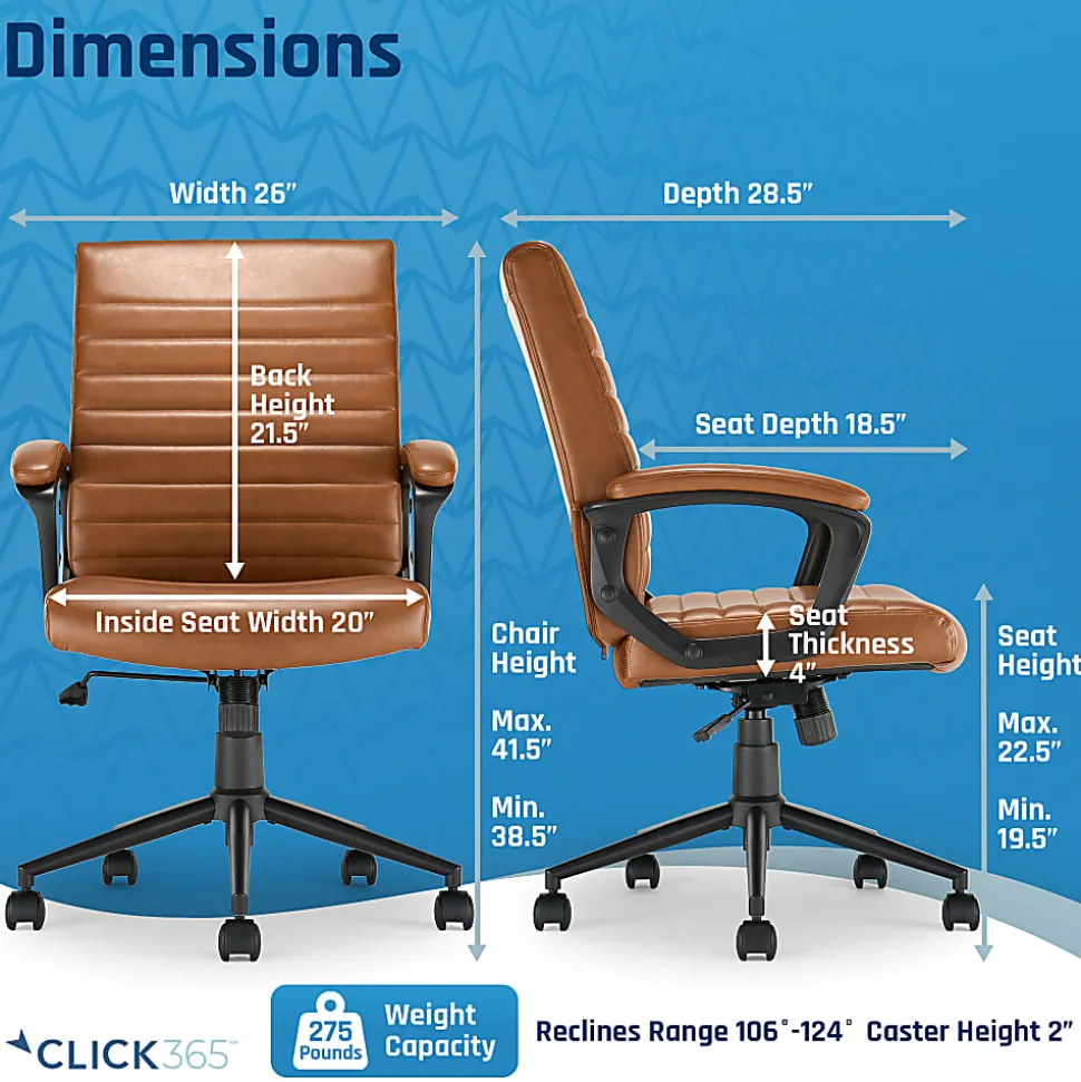 Click365 Transform 3.0 Ergonomic Vegan Leather Mid-Back Manager's Chair, Cognac