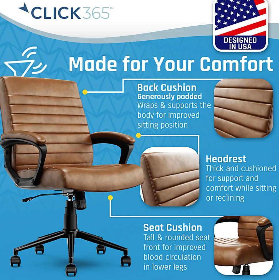 Click365 Transform 3.0 Ergonomic Vegan Leather Mid-Back Manager's Chair, Cognac