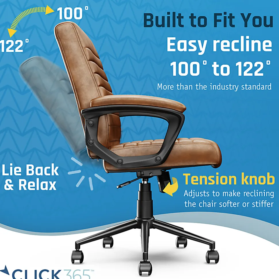 Click365 Transform 3.0 Ergonomic Vegan Leather Mid-Back Manager's Chair, Cognac