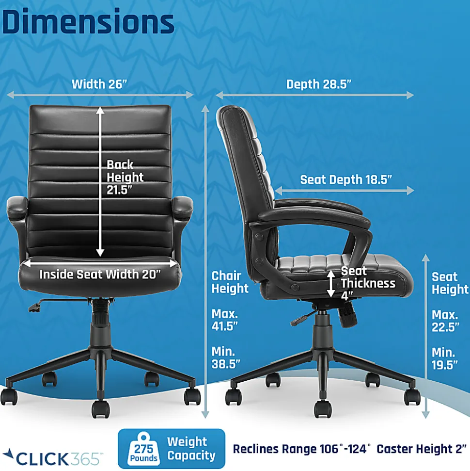 Click365 Transform 3.0 Ergonomic Vegan Leather Mid-Back Manager's Chair, Black