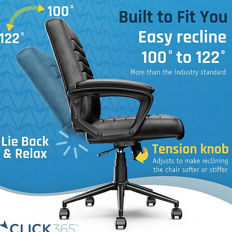 Click365 Transform 3.0 Ergonomic Vegan Leather Mid-Back Manager's Chair, Black
