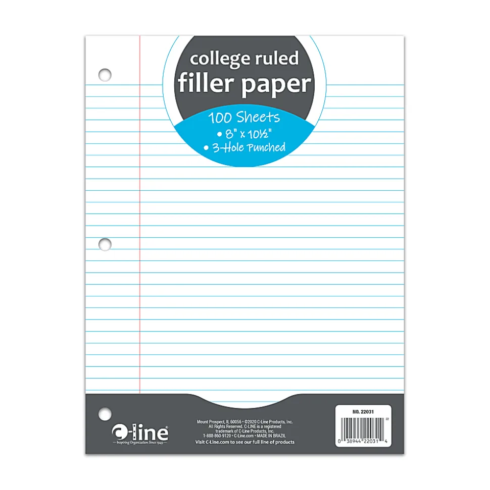 C-Line Filler Paper, 8” x 10-1/2”, College Rule, 100 Sheets Per Ream, White, Pack Of 36 Reams
