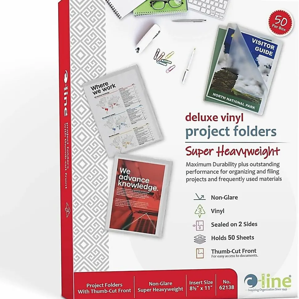 C-Line® Non-Glare Vinyl Project Folders, Letter Size, Clear, Box Of 50