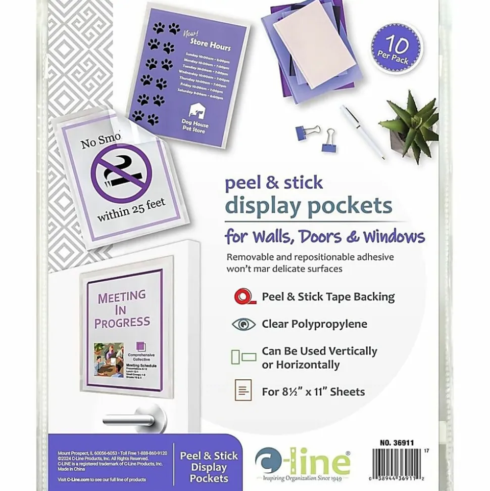 C-Line® Peel/Stick Pockets With Antimicrobial Protection, Letter Size, Clear, Pack Of 10