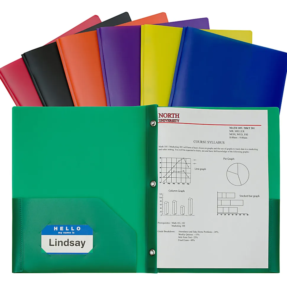 C-Line 2-Pocket Poly Folders With Prongs, Letter Size, Assorted Colors, Pack Of 36 Folders