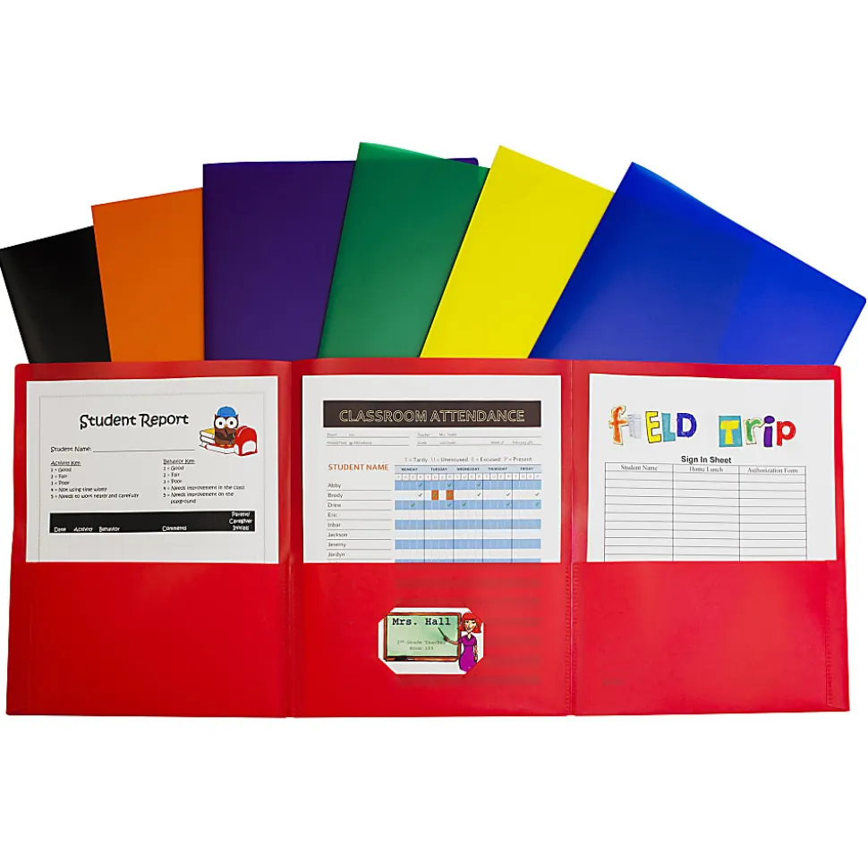 C-Line 3-Pocket Poly Portfolios, 8-1/2" x 11", Assorted Colors, Box Of 24 Portfolios
