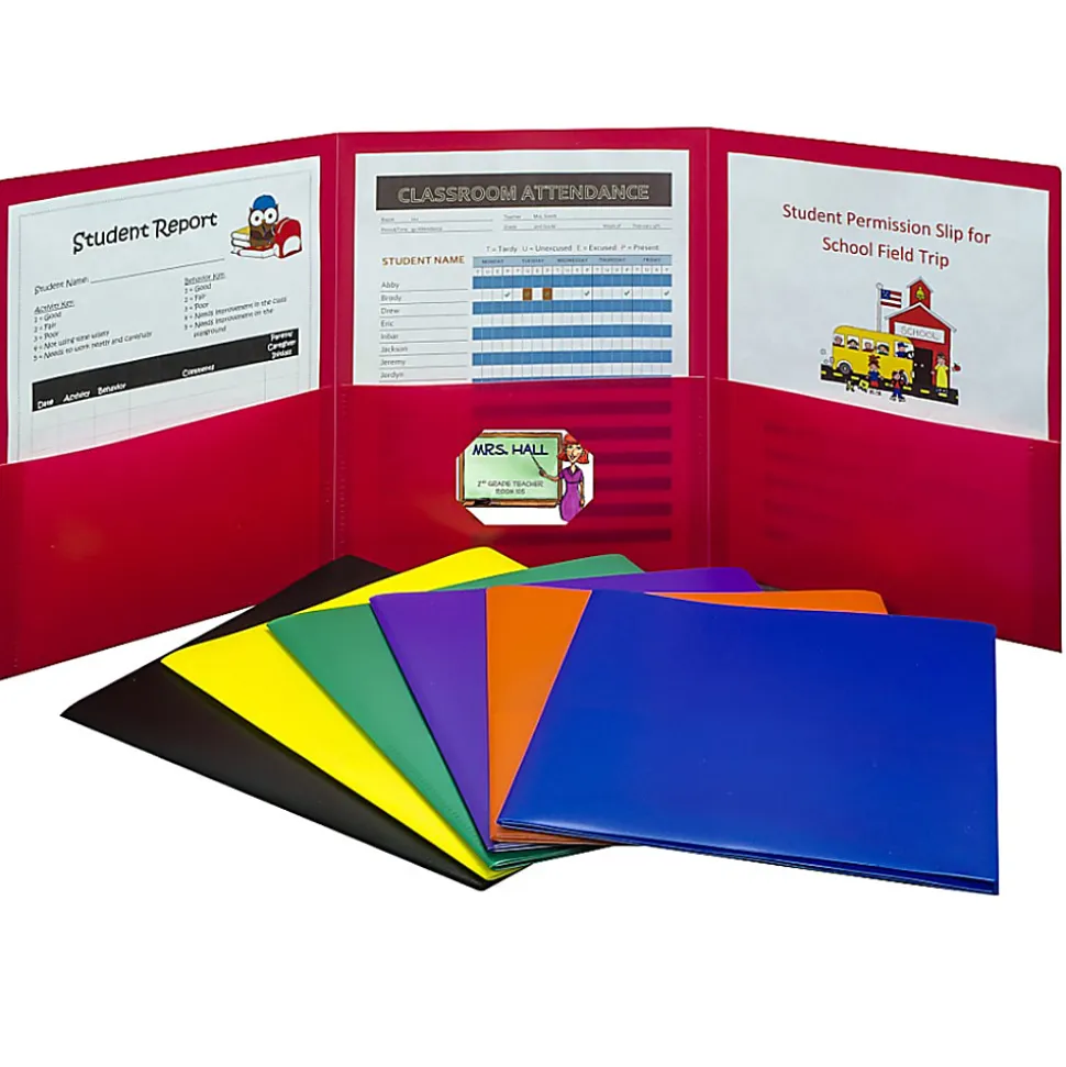 C-Line 3-Pocket Poly Portfolios, 8-1/2" x 11", Assorted Colors, Box Of 24 Portfolios