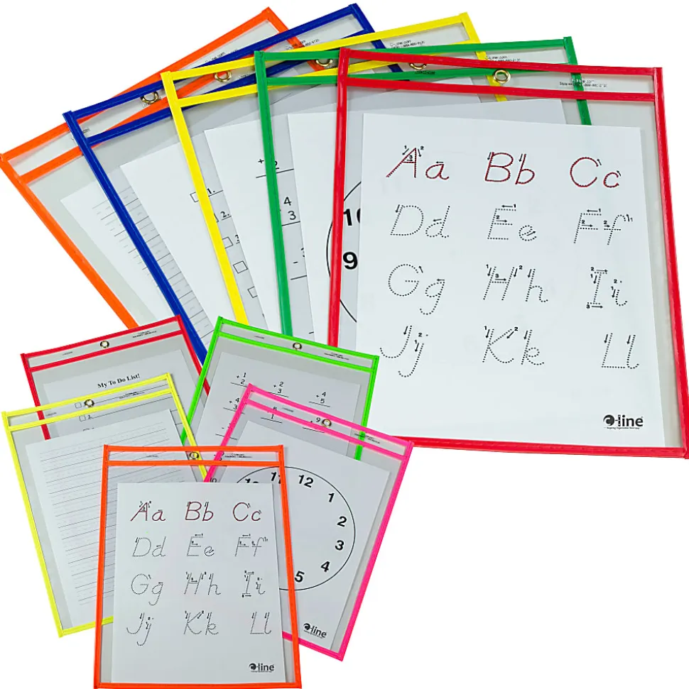 C-Line Reusable Dry-Erase Pockets, 9" x 12", Assorted Colors, Pack Of 5 Pockets