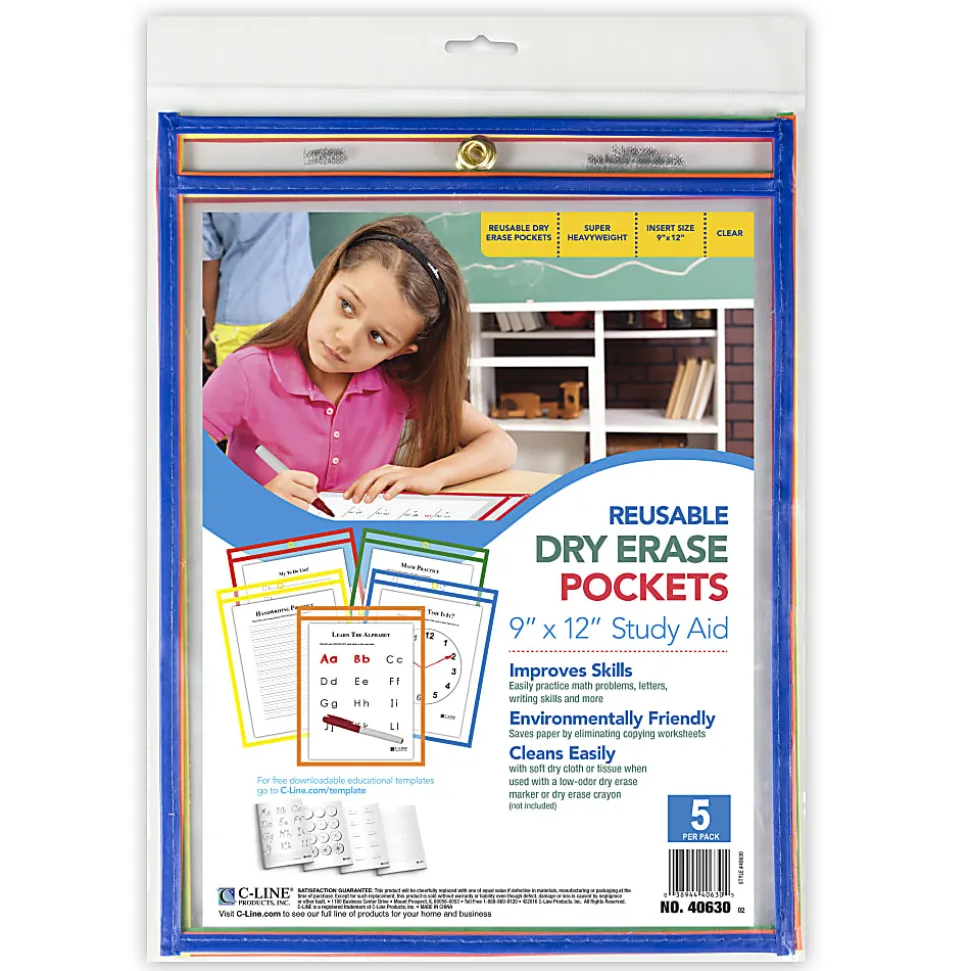 C-Line Reusable Dry-Erase Pockets, 9" x 12", Assorted Colors, Pack Of 5 Pockets
