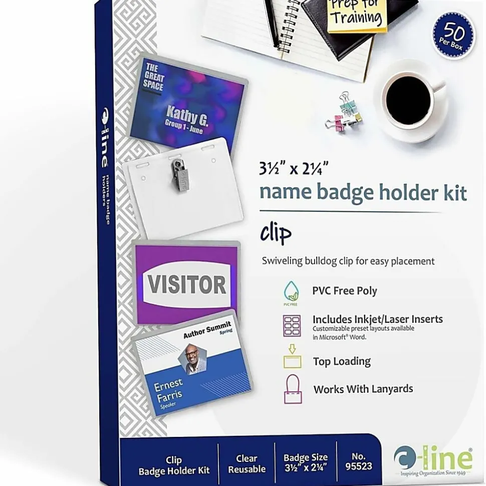C-Line Sealed Clip Style Badge Holder Kit, Top Loading, 2 1/4" x 3 1/2", Pack Of 50