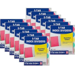 C-Line® 5-Tab Poly Index Dividers, 8 1/2" x 11", Assorted Colors, 5 Dividers Per Pack, Set Of 12 Packs