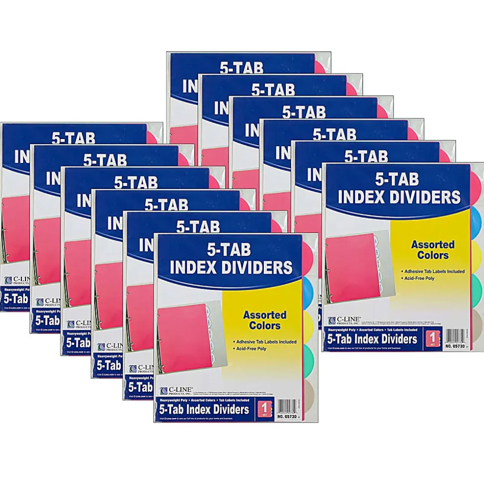 C-Line® 5-Tab Poly Index Dividers, 8 1/2" x 11", Assorted Colors, 5 Dividers Per Pack, Set Of 12 Packs