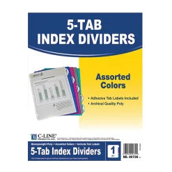 C-Line® 5-Tab Poly Index Dividers, 8 1/2" x 11", Assorted Colors, 5 Dividers Per Pack, Set Of 12 Packs
