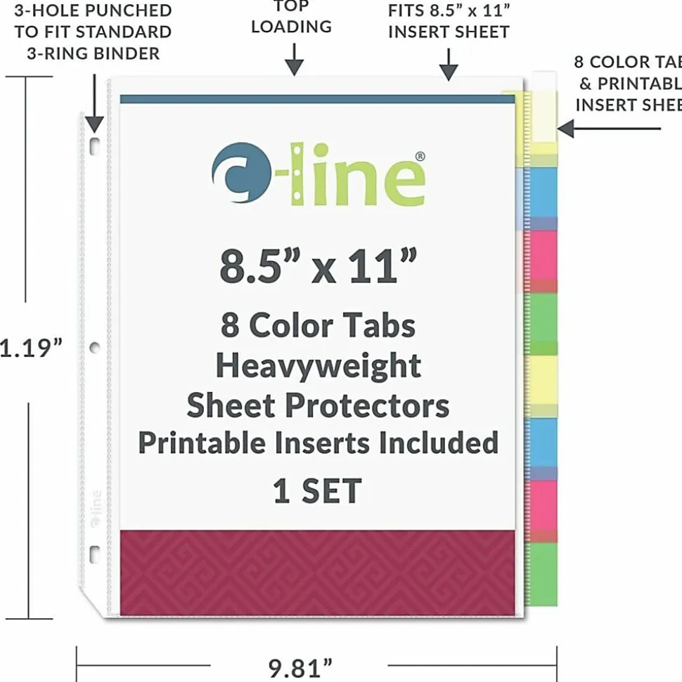 C-Line® Top-Loading Sheet Protectors With Tab Inserts, 8 1/2" x 11", 8-Tab, Assorted Colors, 10 Pack