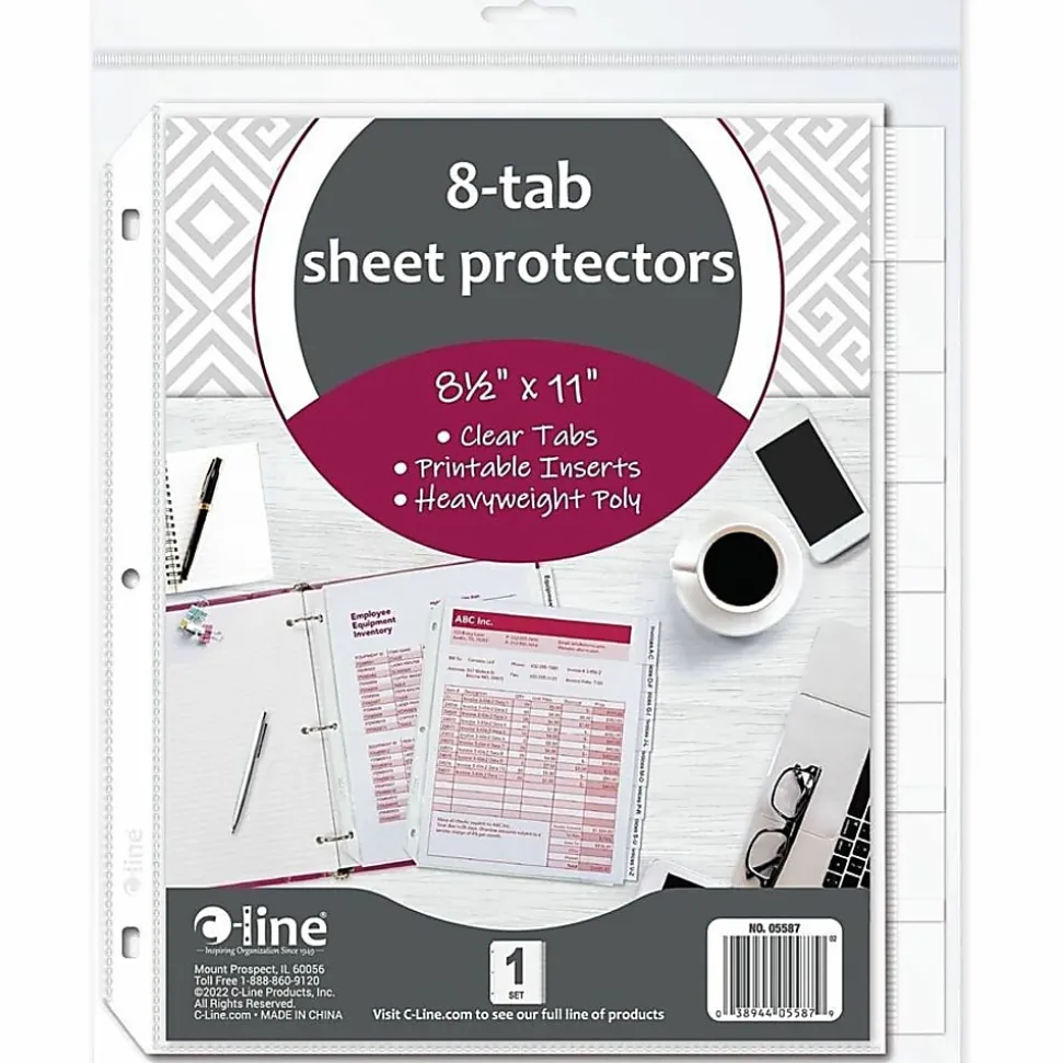 C-Line® Top-Loading Sheet Protectors With Tab Inserts, 8 1/2" x 11", 8-Tab, Clear, 10 Pack