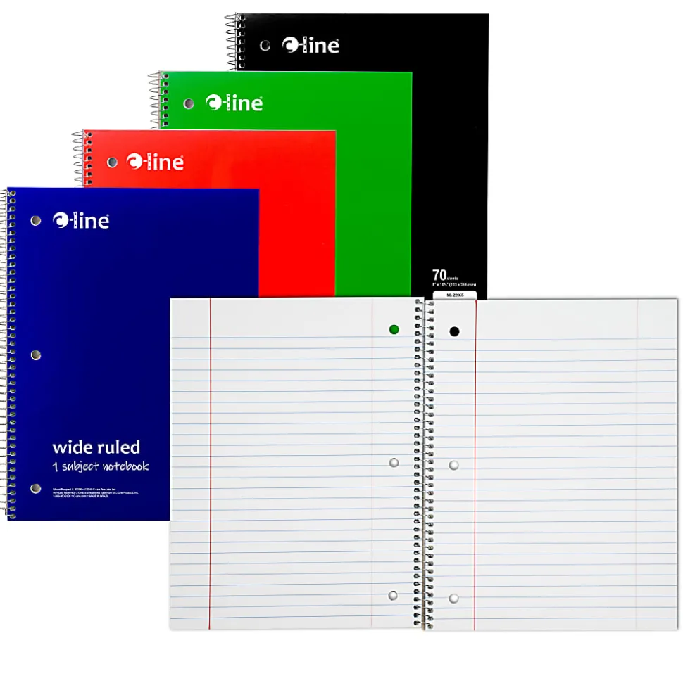 C-Line Wide Rule Spiral Notebooks, 8" x 10-1/2", 1 Subject, 70 Sheets, Assorted Colors, Case Of 24 Notebooks