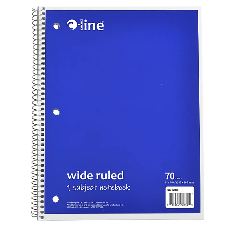 C-Line Wide Rule Spiral Notebooks, 8" x 10-1/2", 1 Subject, 70 Sheets, Blue, Case Of 24 Notebooks