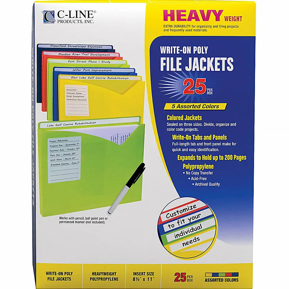C-Line Write-On Poly File Jackets, 8-1/2" x 11", Assorted Colors, Box Of 25 Jackets