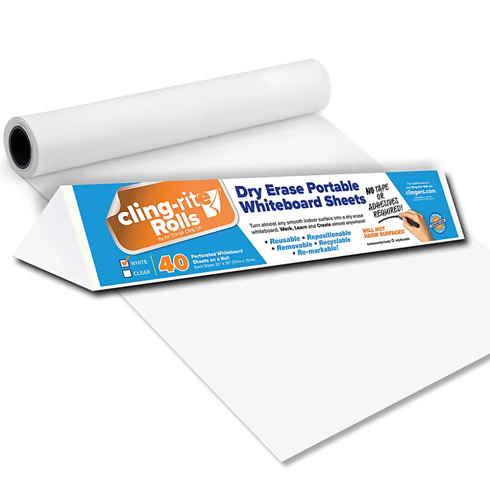 Clingers® Cling-rite® Dry-Erase Sheet Economy Roll, 20" x 100', White