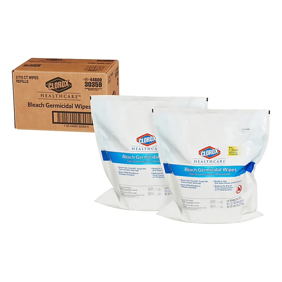 Clorox Healthcare Bleach Germicidal Wipes, 12" x 12", White, 110 Wipes Per Pack, Case Of 2 Packs