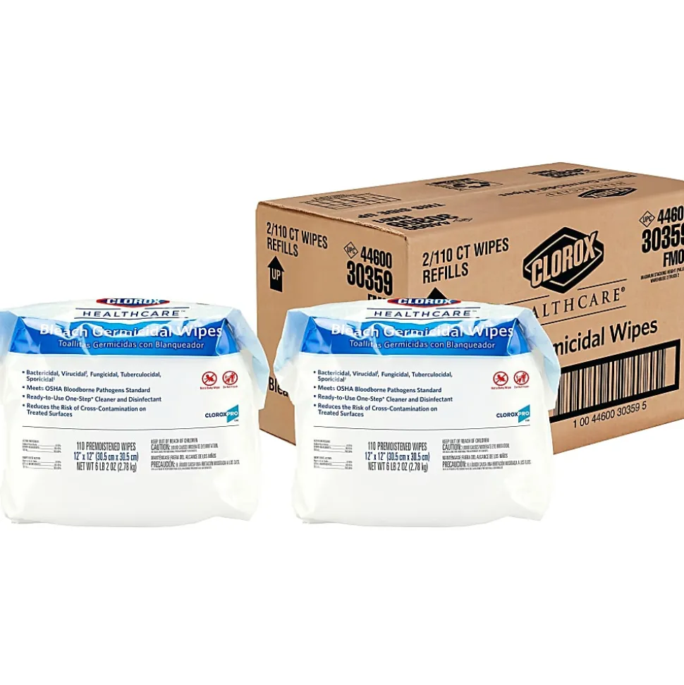 Clorox Healthcare Bleach Germicidal Wipes, 12" x 12", White, 110 Wipes Per Pack, Case Of 2 Packs