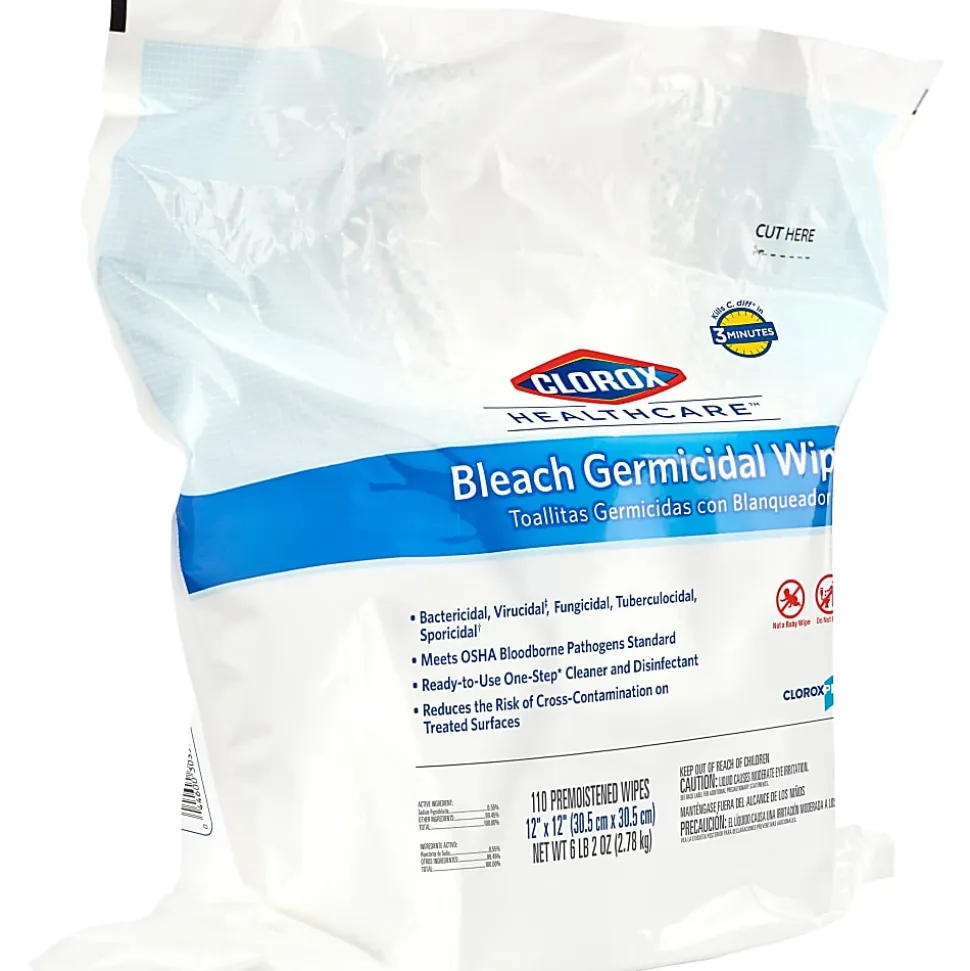 Clorox Healthcare Bleach Germicidal Wipes, 12" x 12", White, 110 Wipes Per Pack, Case Of 2 Packs