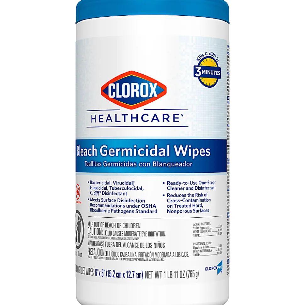 Clorox® Healthcare® Bleach Germicidal Wipes, 150 Wipes Per Canister, Case Of 6 Canisters